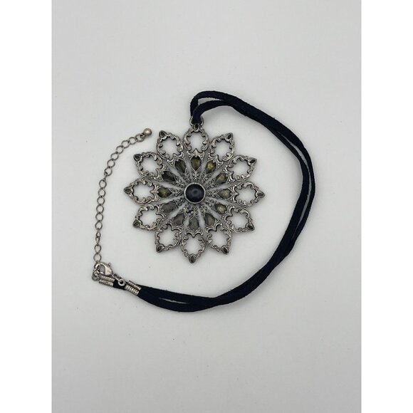 Circle Pendant 3" Silver Tone Pierced Designs Glass Center Black Cord - Picture 1 of 9